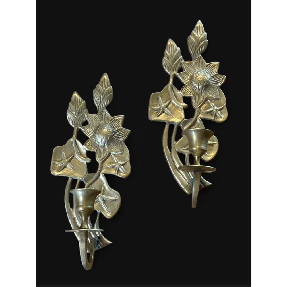 Victorian Edwardian Vintage Brass Art Nouveau Cottage Boho Floral Wall Sconces